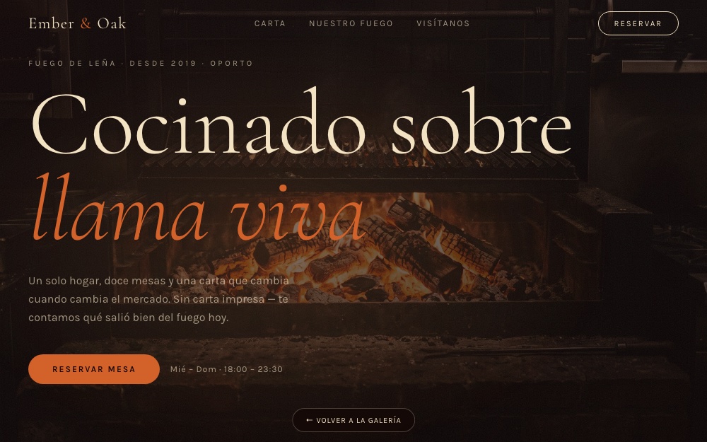 Sitio demo Ember & Oak — home de restaurante a la brasa